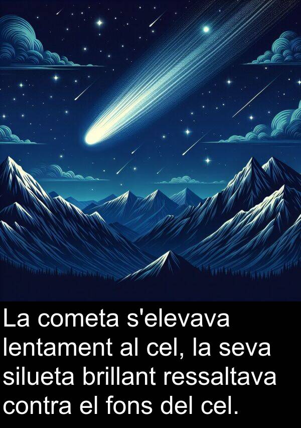 cometa: La cometa s'elevava lentament al cel, la seva silueta brillant ressaltava contra el fons del cel.