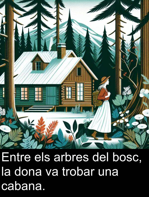 cabana: Entre els arbres del bosc, la dona va trobar una cabana.