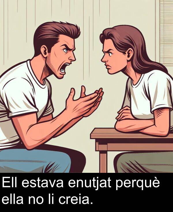 ella: Ell estava enutjat perquè ella no li creia.