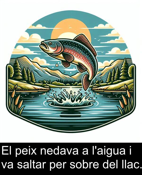 nedava: El peix nedava a l'aigua i va saltar per sobre del llac.