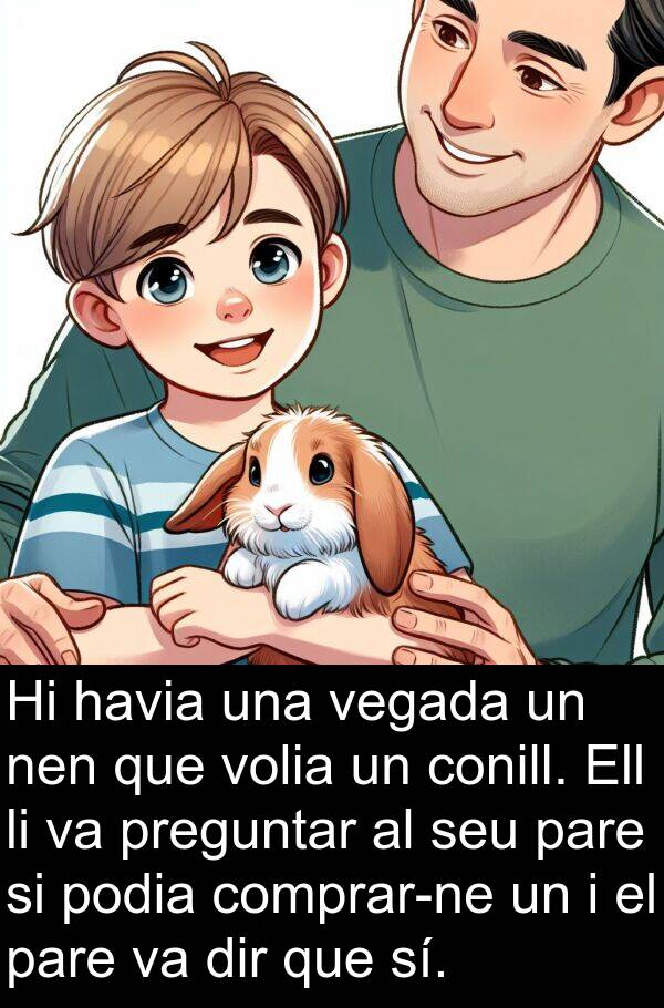 podia: Hi havia una vegada un nen que volia un conill. Ell li va preguntar al seu pare si podia comprar-ne un i el pare va dir que sí.