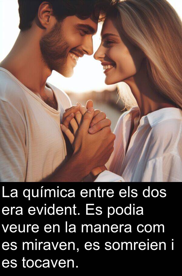 podia: La química entre els dos era evident. Es podia veure en la manera com es miraven, es somreien i es tocaven.