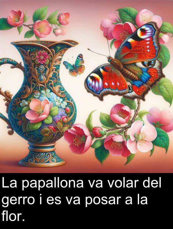 volar: La papallona va volar del gerro i es va posar a la flor.