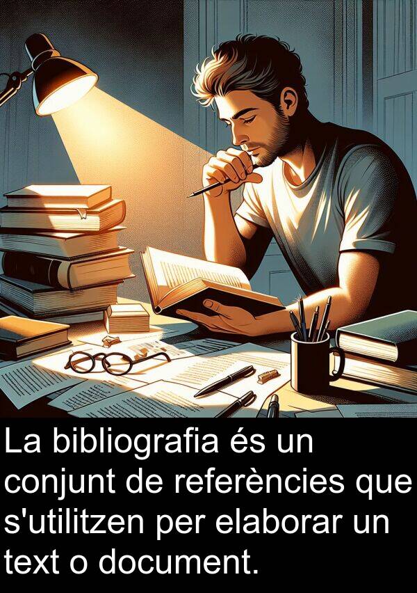 elaborar: La bibliografia és un conjunt de referències que s'utilitzen per elaborar un text o document.
