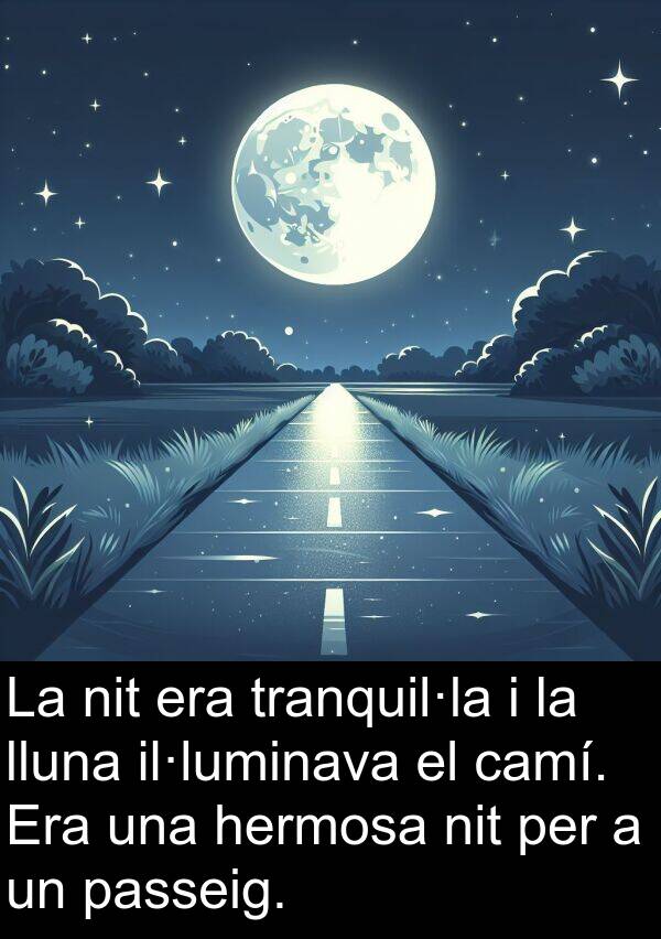 lluna: La nit era tranquil·la i la lluna il·luminava el camí. Era una hermosa nit per a un passeig.