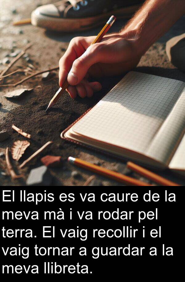 caure: El llapis es va caure de la meva mà i va rodar pel terra. El vaig recollir i el vaig tornar a guardar a la meva llibreta.