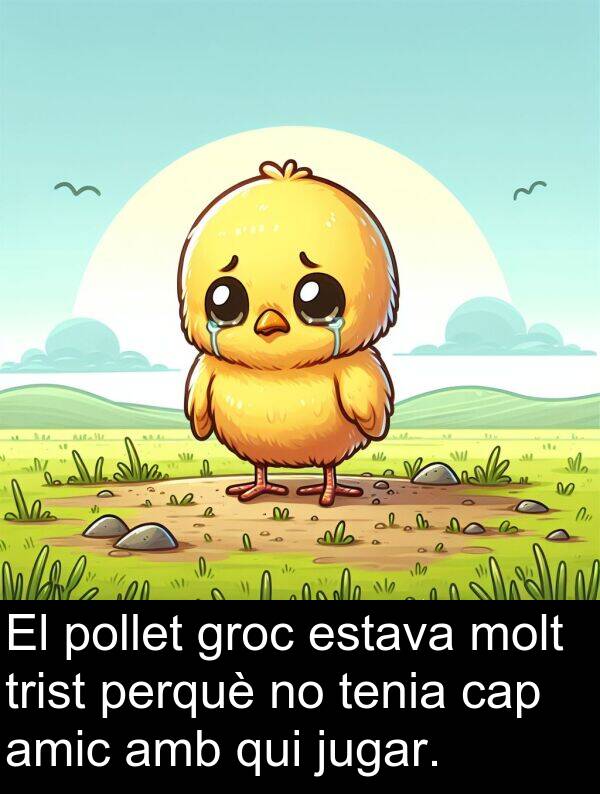 amic: El pollet groc estava molt trist perquè no tenia cap amic amb qui jugar.