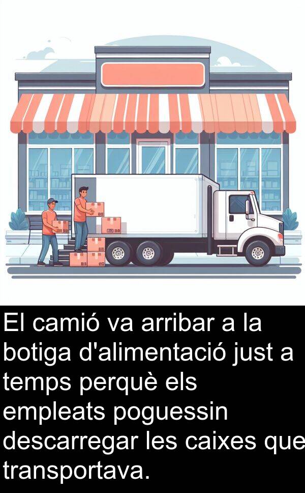 camió: El camió va arribar a la botiga d'alimentació just a temps perquè els empleats poguessin descarregar les caixes que transportava.
