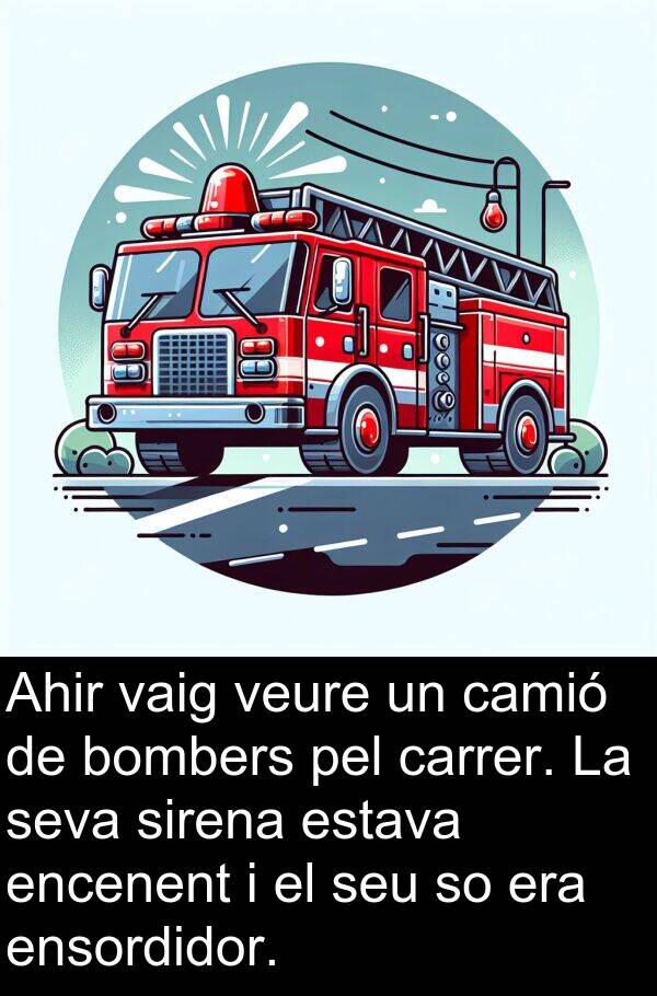 bombers: Ahir vaig veure un camió de bombers pel carrer. La seva sirena estava encenent i el seu so era ensordidor.