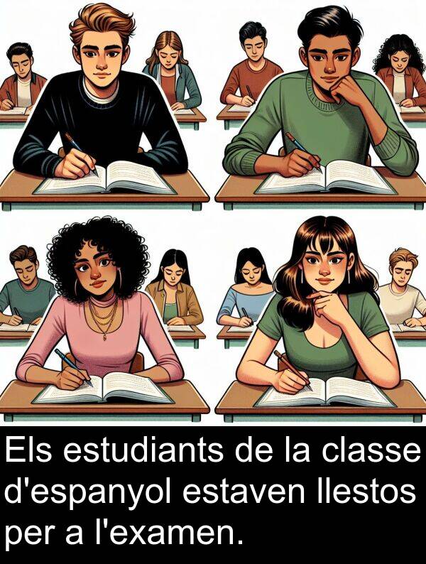 estaven: Els estudiants de la classe d'espanyol estaven llestos per a l'examen.