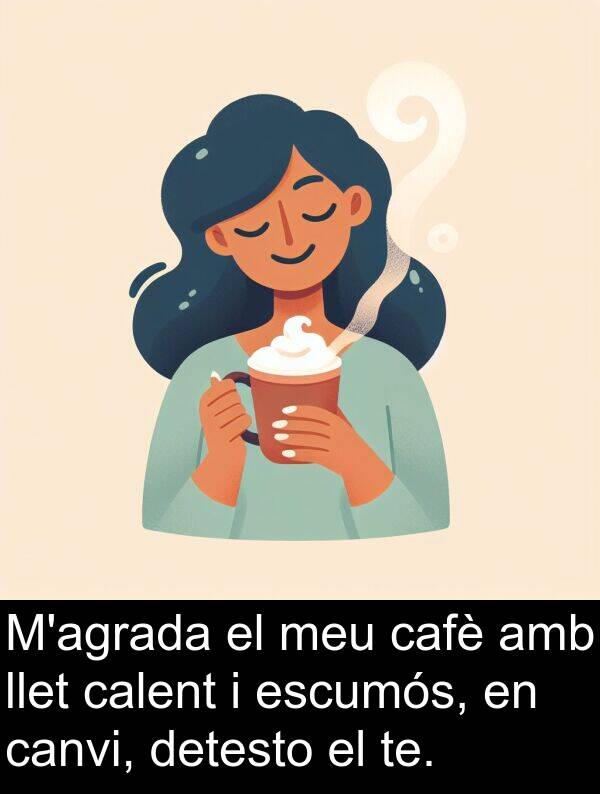cafè: M'agrada el meu cafè amb llet calent i escumós, en canvi, detesto el te.