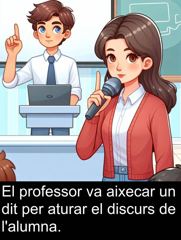discurs: El professor va aixecar un dit per aturar el discurs de l'alumna.