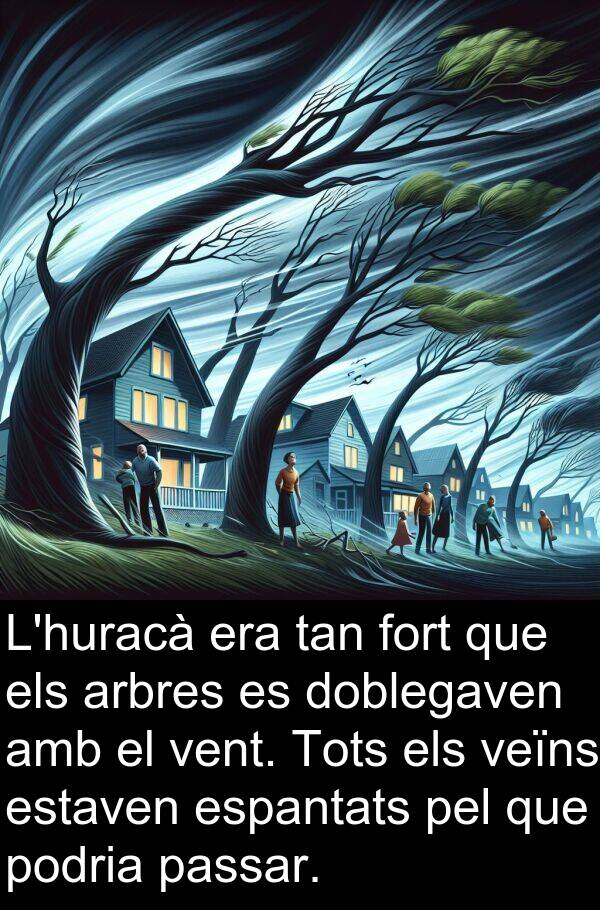 estaven: L'huracà era tan fort que els arbres es doblegaven amb el vent. Tots els veïns estaven espantats pel que podria passar.