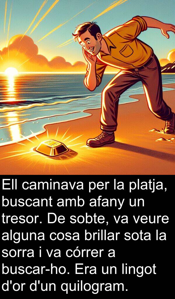 cosa: Ell caminava per la platja, buscant amb afany un tresor. De sobte, va veure alguna cosa brillar sota la sorra i va córrer a buscar-ho. Era un lingot d'or d'un quilogram.