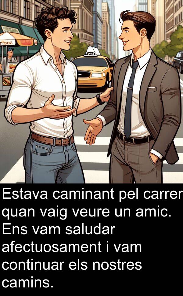amic: Estava caminant pel carrer quan vaig veure un amic. Ens vam saludar afectuosament i vam continuar els nostres camins.