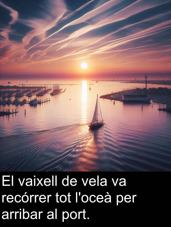 arribar: El vaixell de vela va recórrer tot l'oceà per arribar al port.