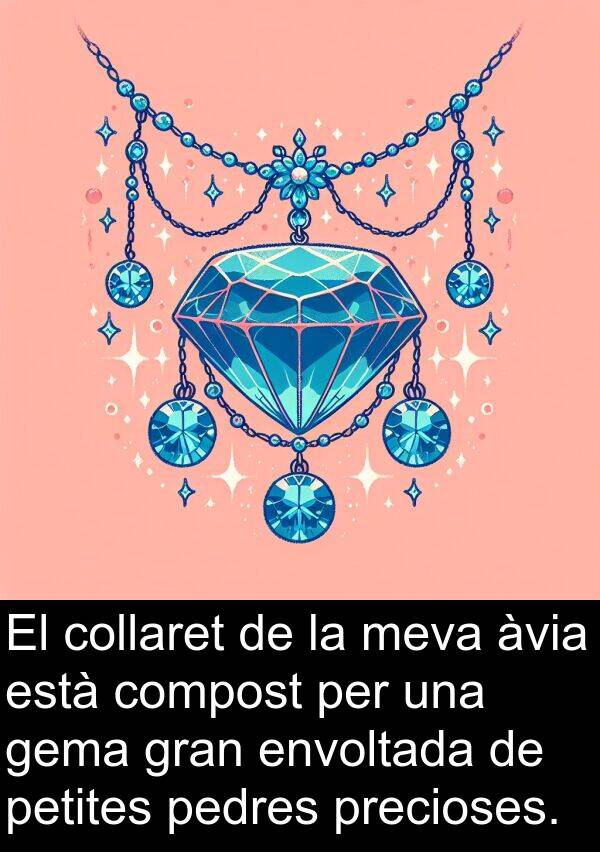 envoltada: El collaret de la meva àvia està compost per una gema gran envoltada de petites pedres precioses.