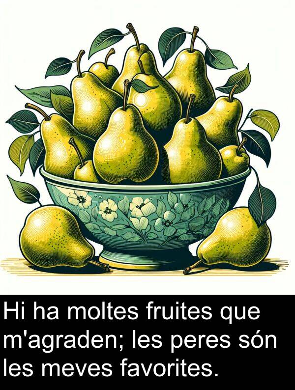 peres: Hi ha moltes fruites que m'agraden; les peres són les meves favorites.