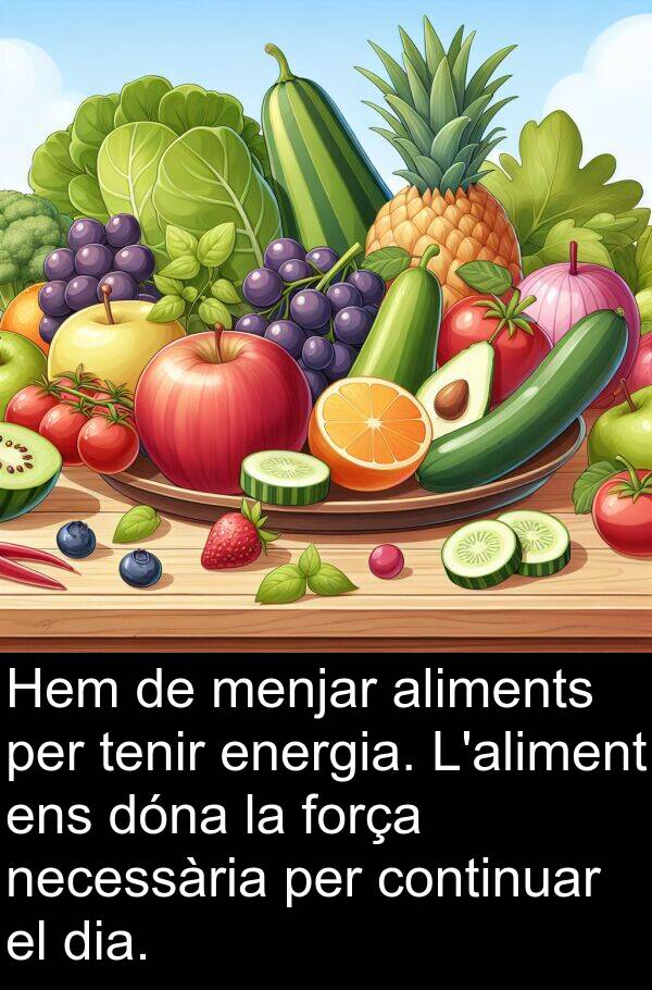 força: Hem de menjar aliments per tenir energia. L'aliment ens dóna la força necessària per continuar el dia.