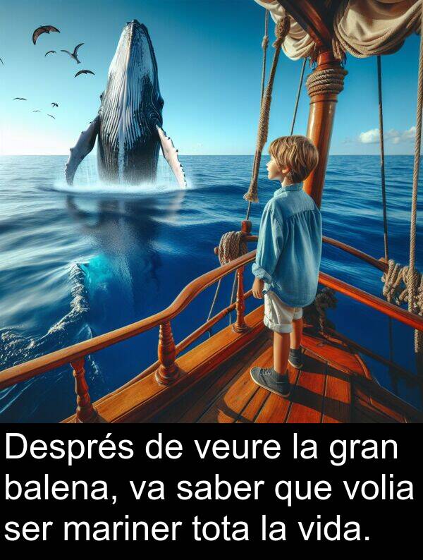 tota: Després de veure la gran balena, va saber que volia ser mariner tota la vida.