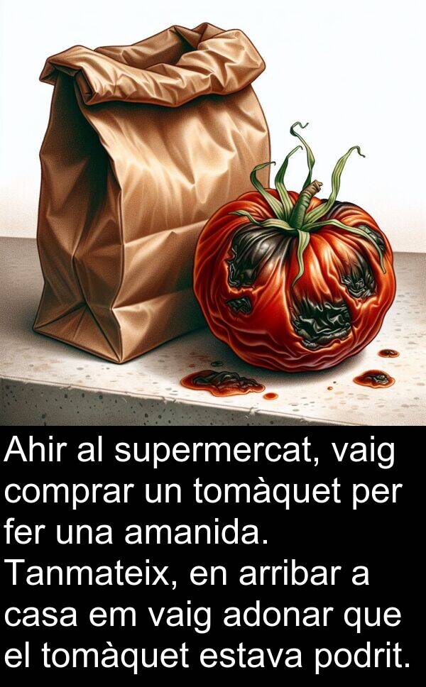 podrit: Ahir al supermercat, vaig comprar un tomàquet per fer una amanida. Tanmateix, en arribar a casa em vaig adonar que el tomàquet estava podrit.