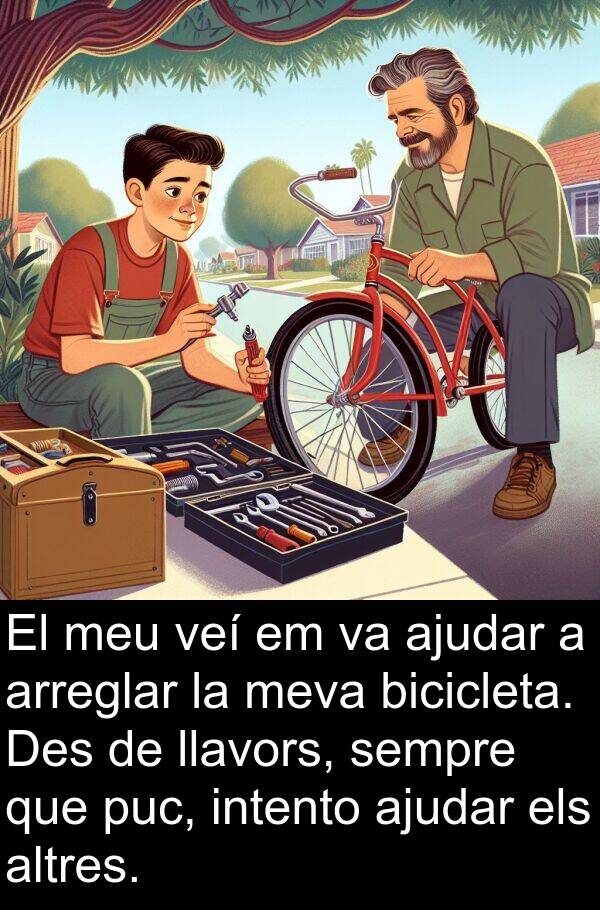 intento: El meu veí em va ajudar a arreglar la meva bicicleta. Des de llavors, sempre que puc, intento ajudar els altres.