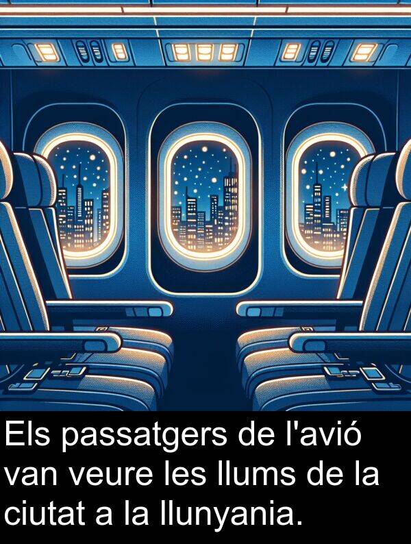 llums: Els passatgers de l'avió van veure les llums de la ciutat a la llunyania.