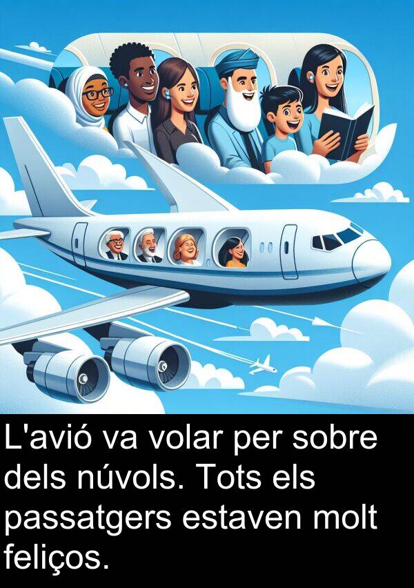 núvols: L'avió va volar per sobre dels núvols. Tots els passatgers estaven molt feliços.