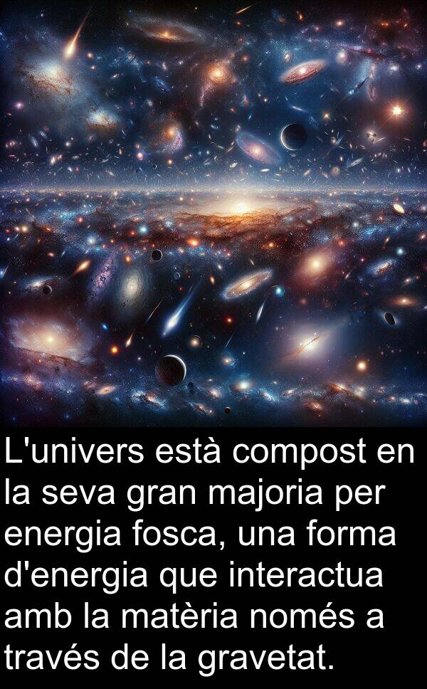 només: L'univers està compost en la seva gran majoria per energia fosca, una forma d'energia que interactua amb la matèria només a través de la gravetat.
