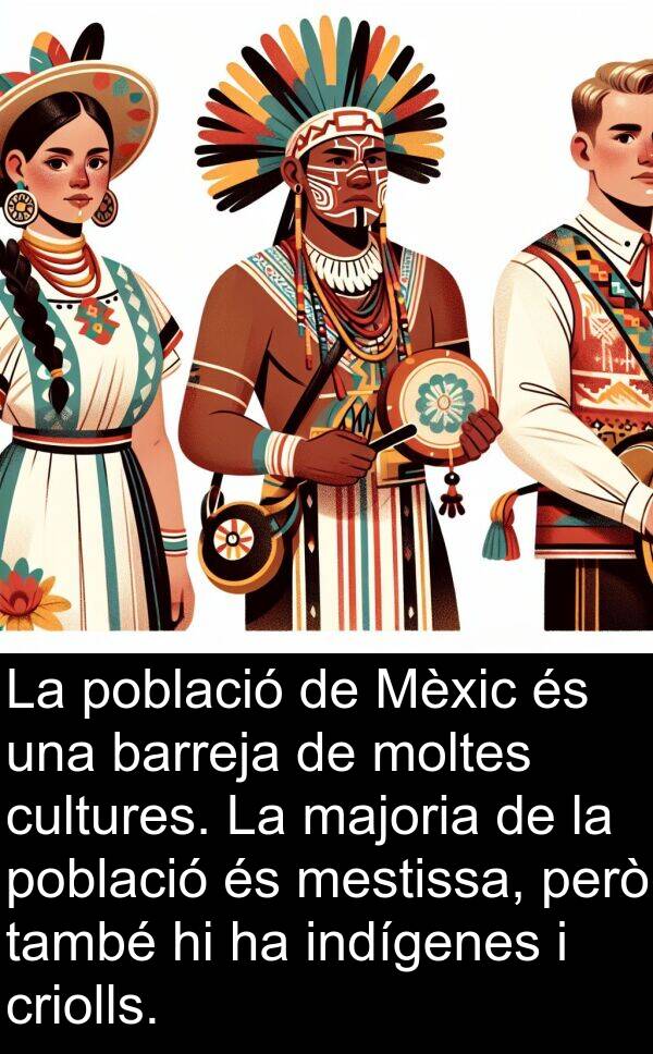cultures: La població de Mèxic és una barreja de moltes cultures. La majoria de la població és mestissa, però també hi ha indígenes i criolls.