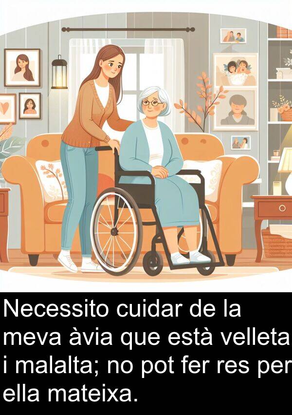 cuidar: Necessito cuidar de la meva àvia que està velleta i malalta; no pot fer res per ella mateixa.