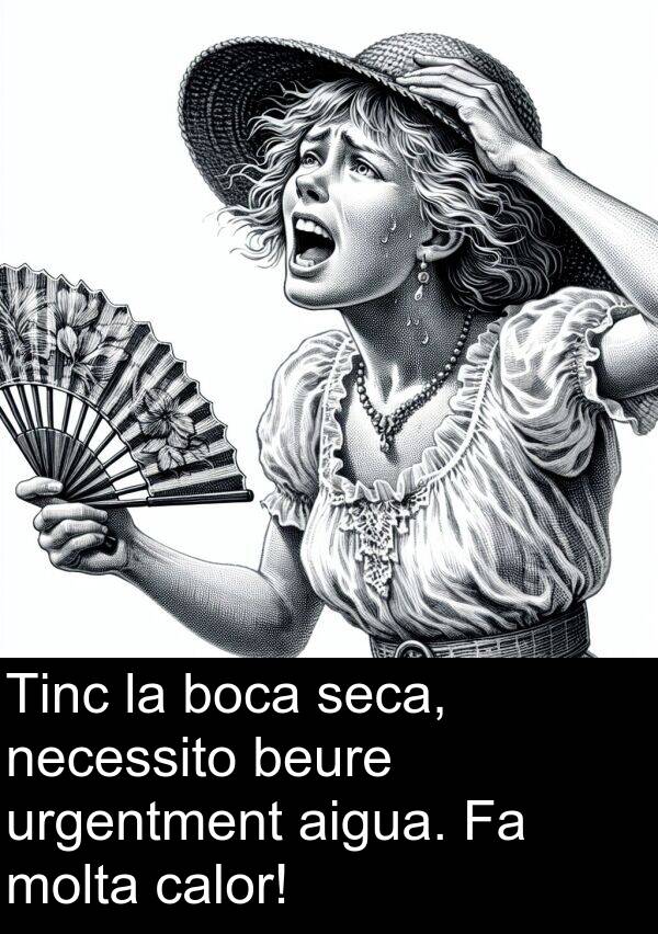 necessito: Tinc la boca seca, necessito beure urgentment aigua. Fa molta calor!