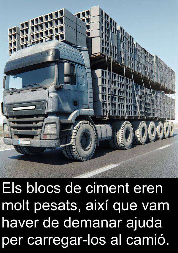camió: Els blocs de ciment eren molt pesats, així que vam haver de demanar ajuda per carregar-los al camió.