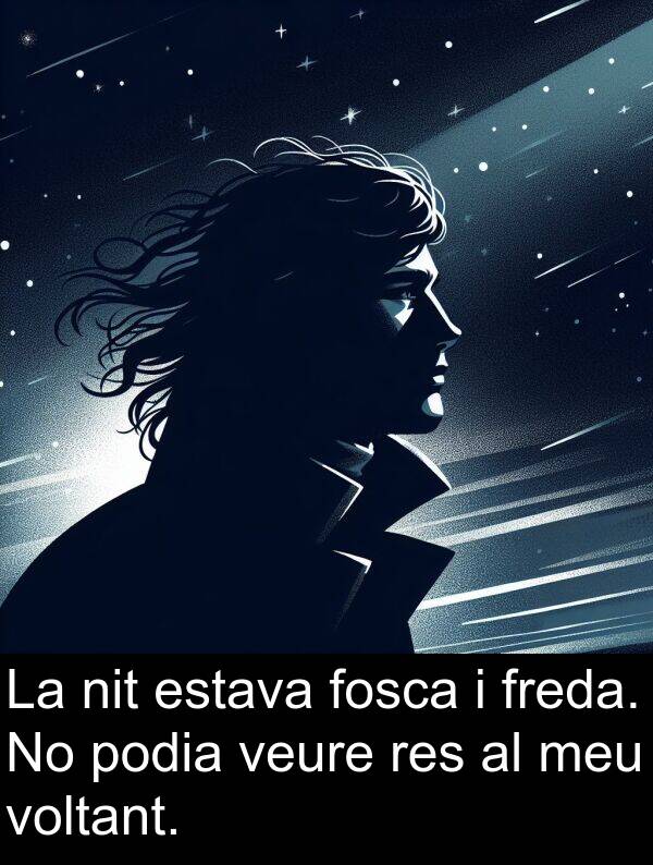 freda: La nit estava fosca i freda. No podia veure res al meu voltant.