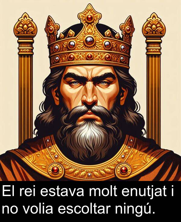 ningú: El rei estava molt enutjat i no volia escoltar ningú.