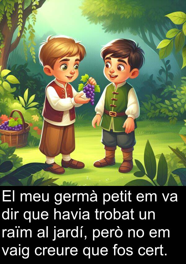 creure: El meu germà petit em va dir que havia trobat un raïm al jardí, però no em vaig creure que fos cert.