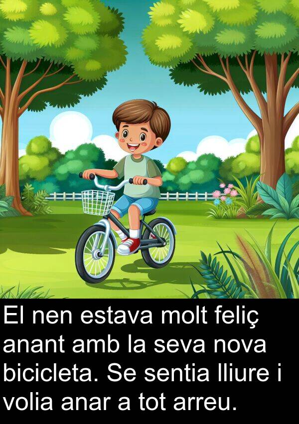 arreu: El nen estava molt feliç anant amb la seva nova bicicleta. Se sentia lliure i volia anar a tot arreu.