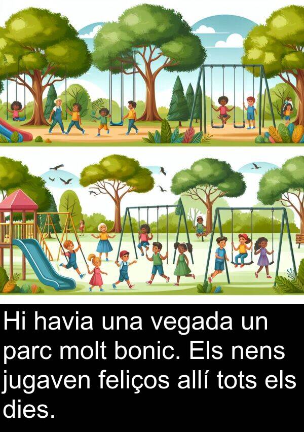 bonic: Hi havia una vegada un parc molt bonic. Els nens jugaven feliços allí tots els dies.