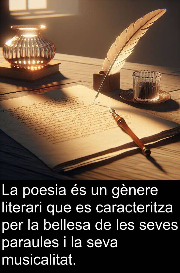 caracteritza: La poesia és un gènere literari que es caracteritza per la bellesa de les seves paraules i la seva musicalitat.