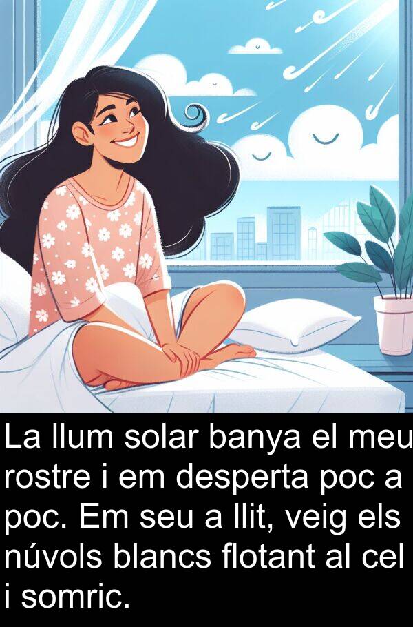 núvols: La llum solar banya el meu rostre i em desperta poc a poc. Em seu a llit, veig els núvols blancs flotant al cel i somric.