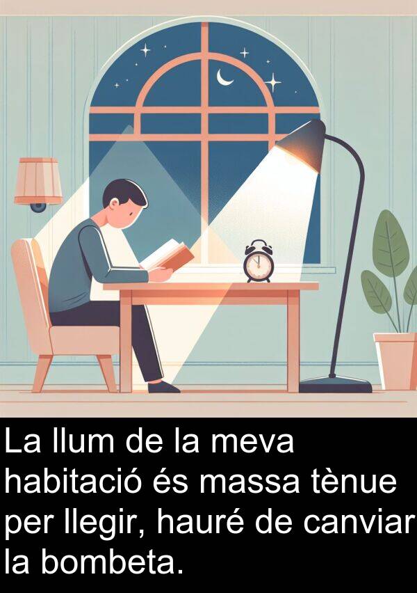 llegir: La llum de la meva habitació és massa tènue per llegir, hauré de canviar la bombeta.