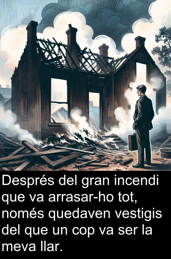 incendi: Després del gran incendi que va arrasar-ho tot, només quedaven vestigis del que un cop va ser la meva llar.