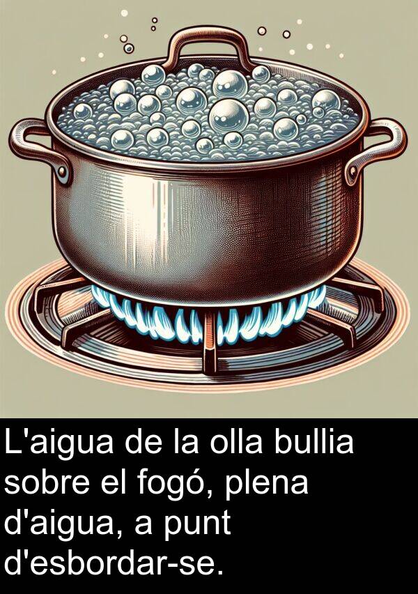 bullia: L'aigua de la olla bullia sobre el fogó, plena d'aigua, a punt d'esbordar-se.