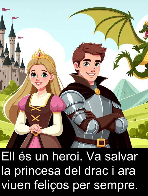 feliços: Ell és un heroi. Va salvar la princesa del drac i ara viuen feliços per sempre.