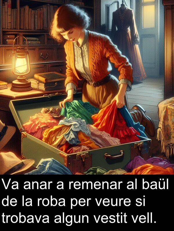 anar: Va anar a remenar al baül de la roba per veure si trobava algun vestit vell.