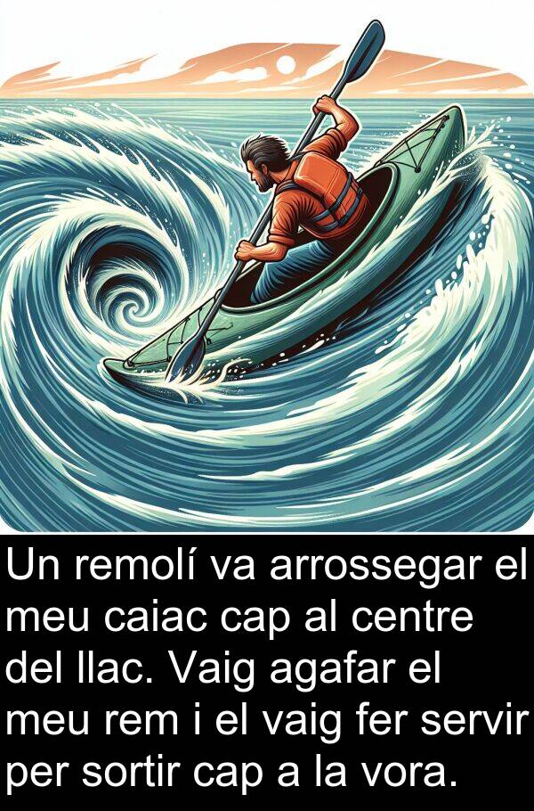 caiac: Un remolí va arrossegar el meu caiac cap al centre del llac. Vaig agafar el meu rem i el vaig fer servir per sortir cap a la vora.