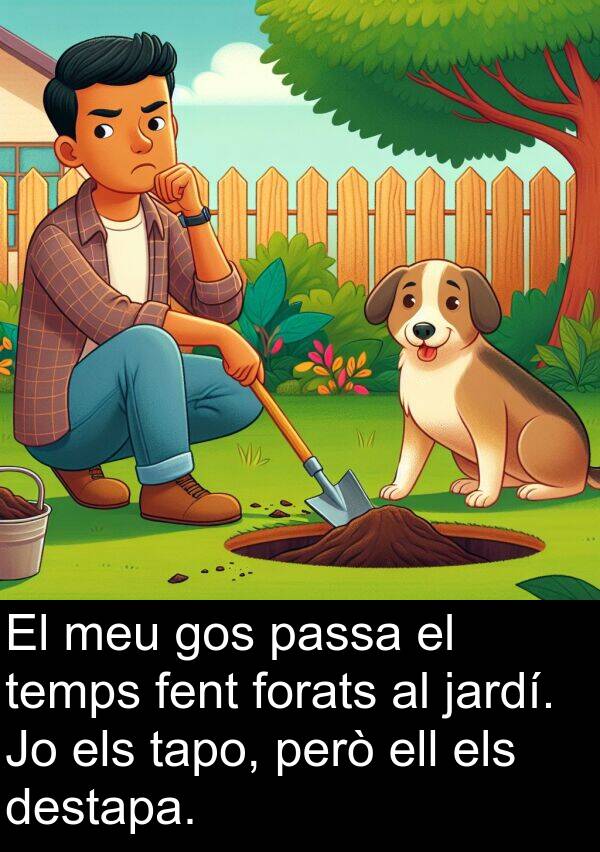 ell: El meu gos passa el temps fent forats al jardí. Jo els tapo, però ell els destapa.