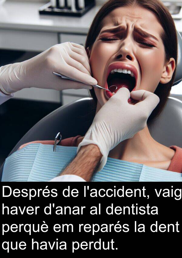 dent: Després de l'accident, vaig haver d'anar al dentista perquè em reparés la dent que havia perdut.