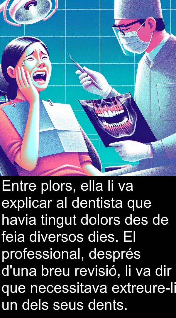 explicar: Entre plors, ella li va explicar al dentista que havia tingut dolors des de feia diversos dies. El professional, després d'una breu revisió, li va dir que necessitava extreure-li un dels seus dents.
