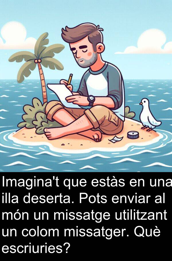 missatge: Imagina't que estàs en una illa deserta. Pots enviar al món un missatge utilitzant un colom missatger. Què escriuries?